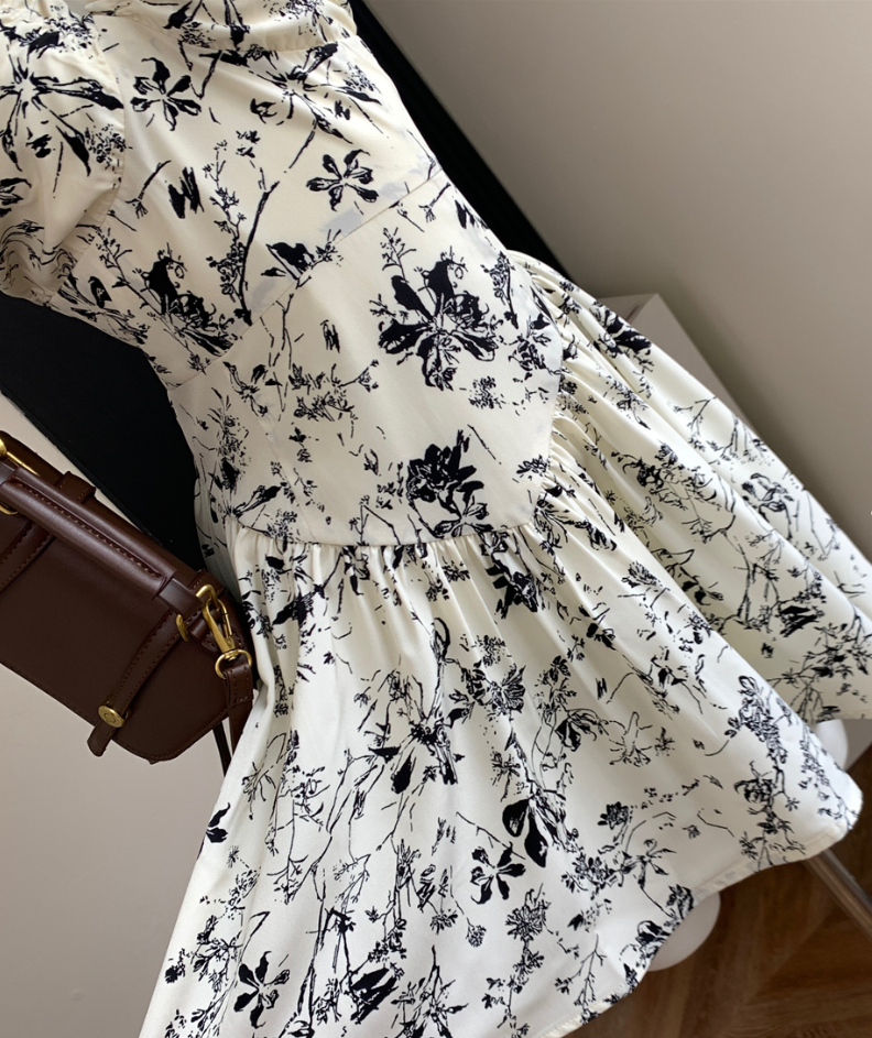 French floral V-neck short dress for women summer ruffled skirt R1991