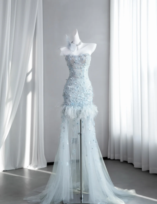 Refined Feather Decor Women's Prom Gown Pale Blue Corset Hi-Lo Evening Dress — Fall Outfit 2026 New RS3133