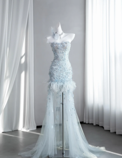 Refined Feather Decor Women's Prom Gown Pale Blue Corset Hi-Lo Evening Dress — Fall Outfit 2026 New RS3133