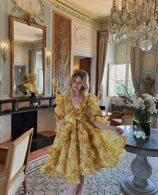Retro Floral Pleated Women's Homecoming Dress Warm Yellow Waist Fitted Short Prom Gown Party Dress RS3402