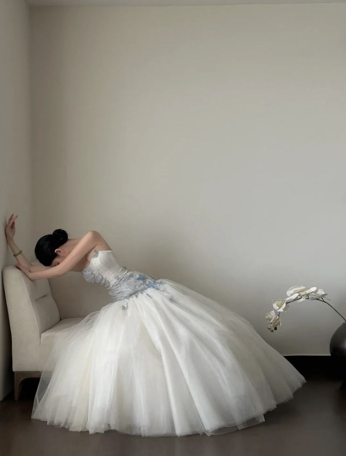 Dreamy Tulle Sequins Prom Gown White Women's Maxi Evening Dress Birthday Dress RS2773