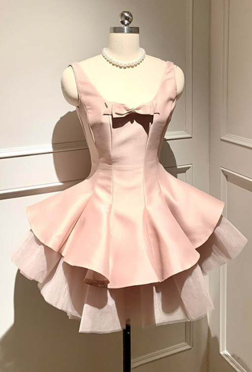 Cute Pink A-Line Spaghetti Straps Tiered Corset Mini Prom Dress Homecoming Dress RS363