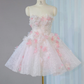 Pink and white tube top waist diamond-studded three-dimensional flower puffy princess skirt homecoming dress R4189