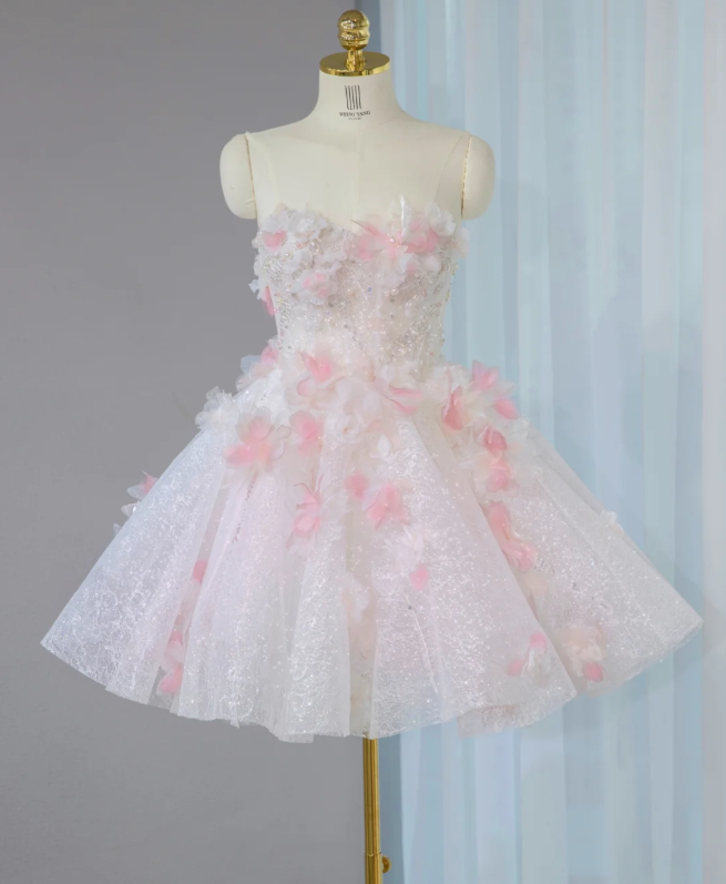 Pink and white tube top waist diamond-studded three-dimensional flower puffy princess skirt homecoming dress R4189