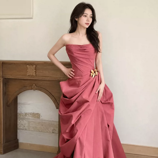 Dreamy Pleated Silky Prom Gown Red Women's Maxi Evening Dress Birthday Dress RS2728