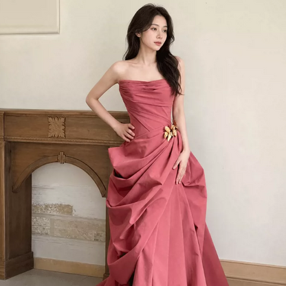 Dreamy Pleated Silky Prom Gown Red Women's Maxi Evening Dress Birthday Dress RS2728