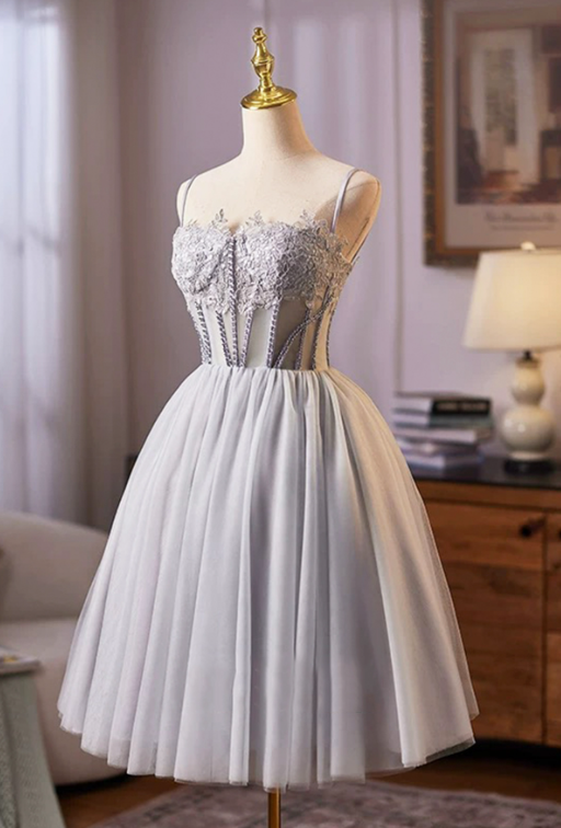 Elegant Sliver A-Line Spaghetti Straps Corset Mini Prom Dress Homecoming Dress RS577