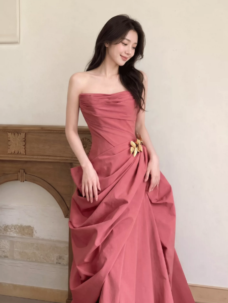 Dreamy Pleated Silky Prom Gown Red Women's Maxi Evening Dress Birthday Dress RS2728