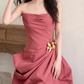 Dreamy Pleated Silky Prom Gown Red Women's Maxi Evening Dress Birthday Dress RS2728