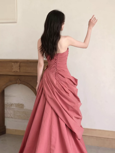 Dreamy Pleated Silky Prom Gown Red Women's Maxi Evening Dress Birthday Dress RS2728