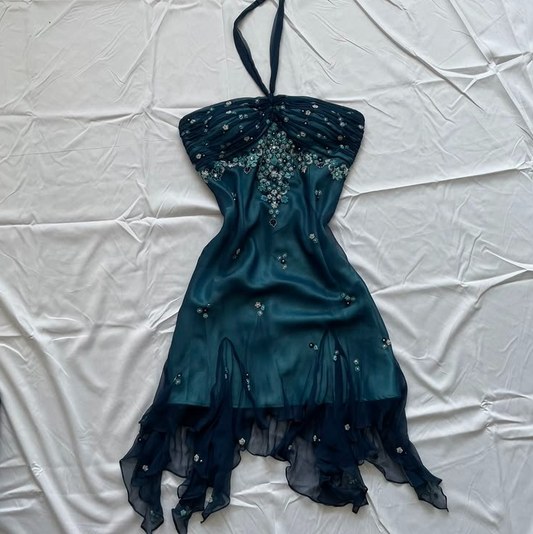 Elegant Turquoise Beaded Homecoming Dress ,Sheath Halter Bodycon Short Prom Dress RS840