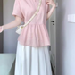 A set of beautiful pink short-sleeved shirt a-line skirt two-piece suit 2025 new R0846