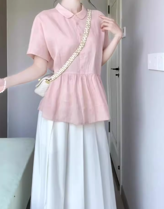 A set of beautiful pink short-sleeved shirt a-line skirt two-piece suit 2025 new R0846