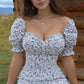 White floral fresh puff sleeve waist sexy short skirt homecoming dress R3168