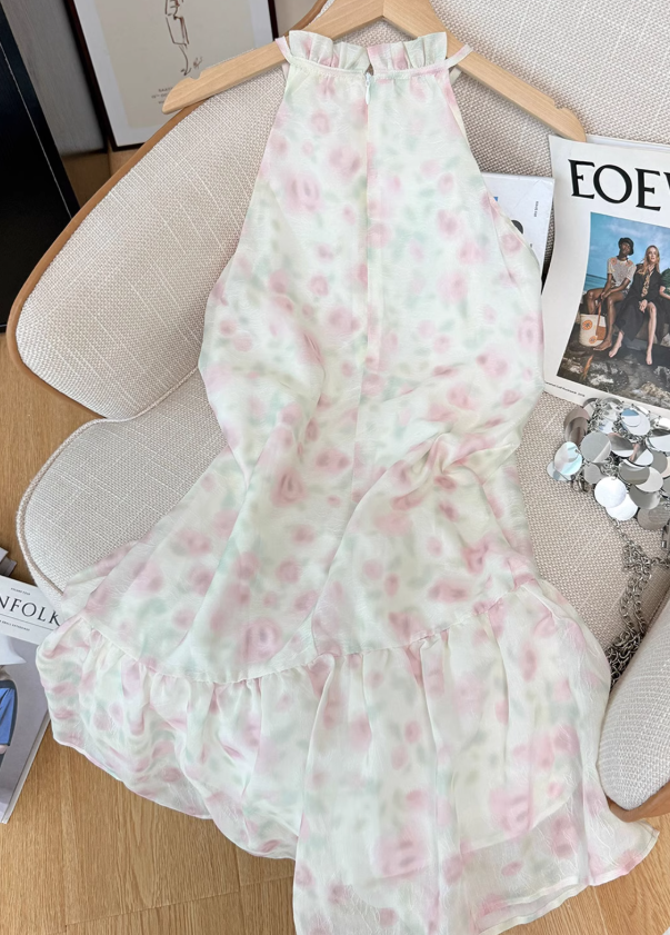 French tea break floral sleeveless halter dress new style gentle style first love sweet short skirt R4038