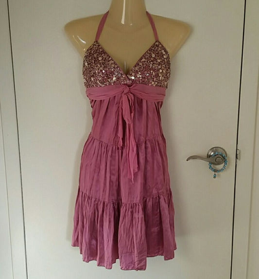Sequins Dusty Pink Homecoming Dress ,A-Line Halter Corset Short Prom Dress RS842