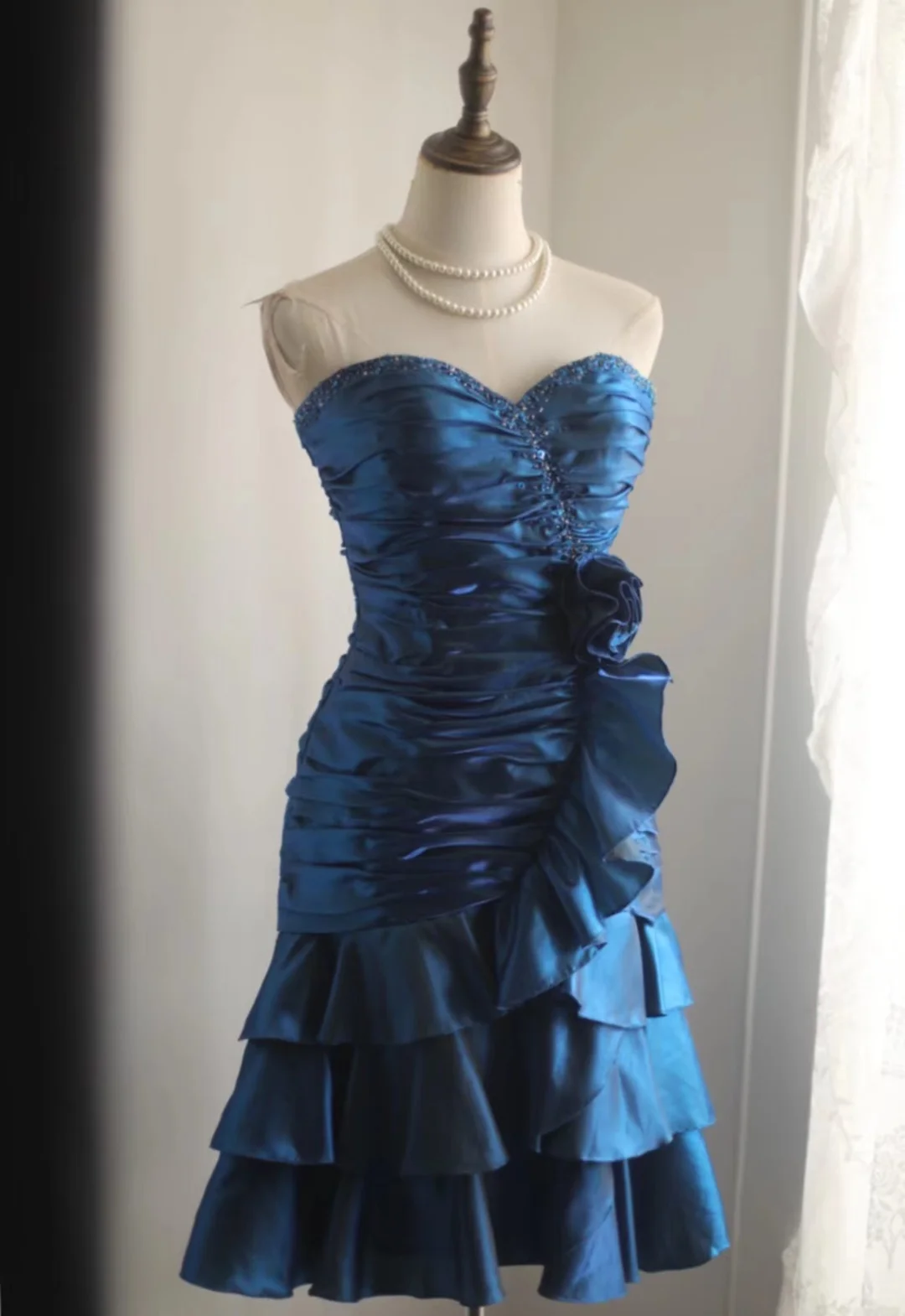 Navy blue tube top waist pleated hip cake skirt short skirt homecoming dress R4147