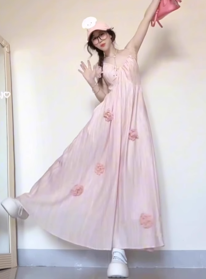 Large French pure pink flower dress beautiful suspender dress for seaside vacation R1827
