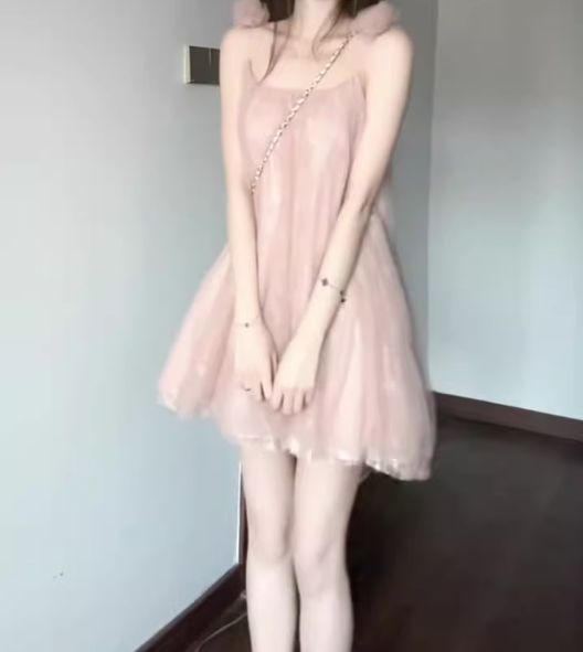 Gentle temperament pink mesh sling dress beautiful loose A-line short skirt R0723