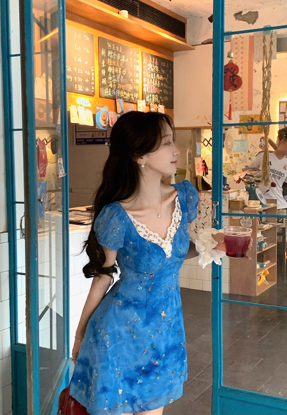 French V-neck blue floral dress women's summer retro sleeveless short skirt R4303