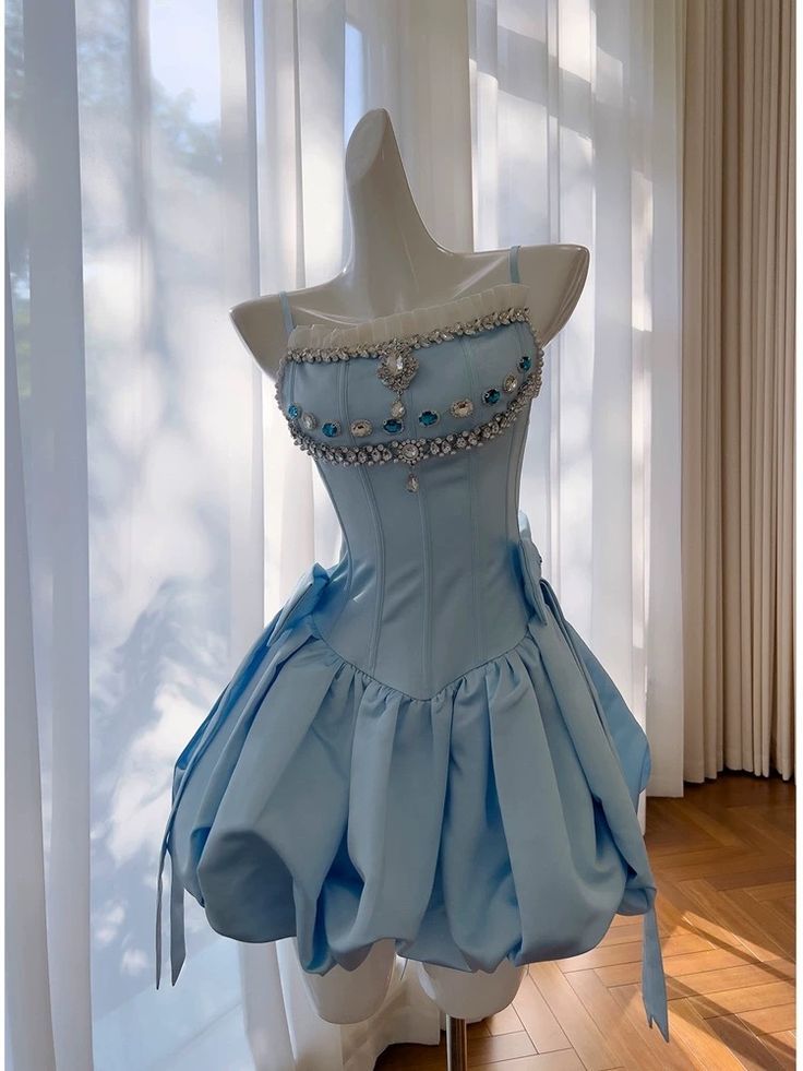 Blue suspenders waist slim princess tutu skirt homecoming dress R2947