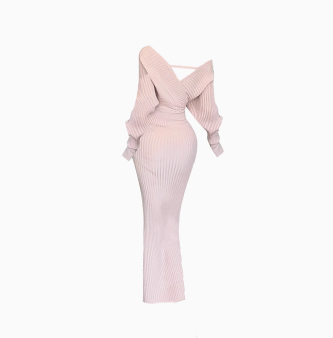 French gentle style V-neck backless knitted dress 2025 waist-hugging hip long skirt R1159