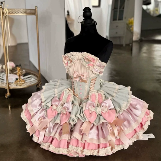 Sweet Ruffled Homecoming Dress ,A-Line Strapless Bow Corset Cute Princess Dress RS847