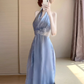Blue V-neck halter dress for women French gentle temperament holiday style waist A-line long skirt R0427