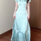 Large size French U-neck tea break ruffle dress retro exquisite slim fit blue dress R1881