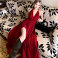 Fairy lace halter neck red dress holiday beach dress deep v backless slit long dress R1740