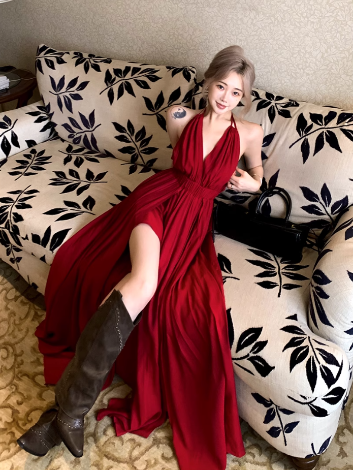 Fairy lace halter neck red dress holiday beach dress deep v backless slit long dress R1740
