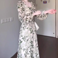 Green floral long-sleeved dress gentle temperament waist A-line long skirt R0707