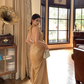 High-end satin backless v-neck halter dress with slim waist and elegant long dress R1779