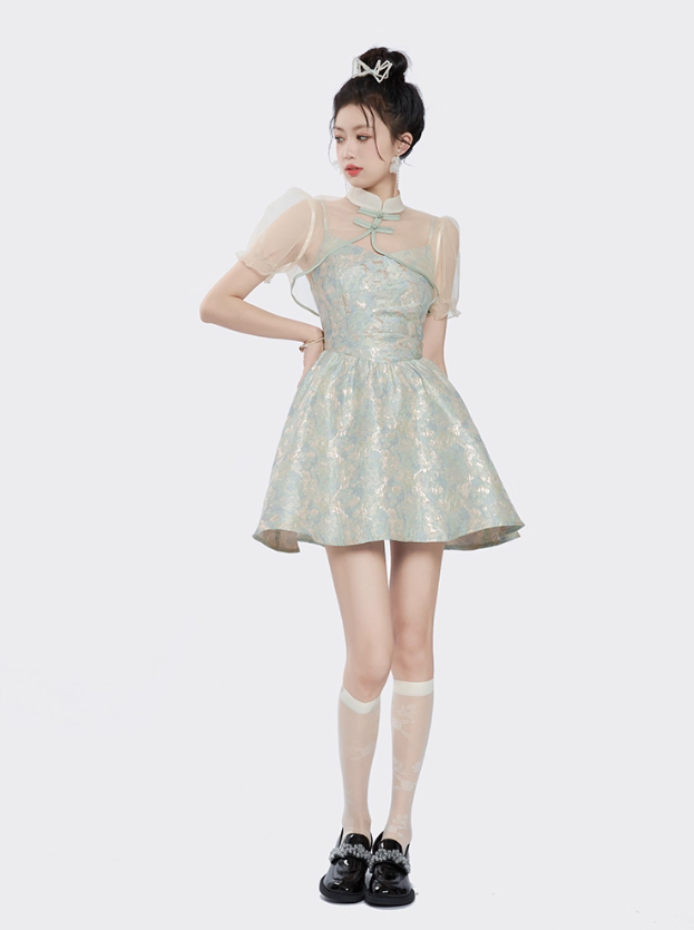 Chinese style improved cheongsam collar top suspender dress summer two-piece suit R4115