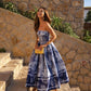 Navy blue retro pattern tube top waist slim long skirt homecoming dress R3479