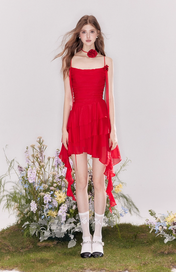 French flower tie ruffled collar suspender dress R4542