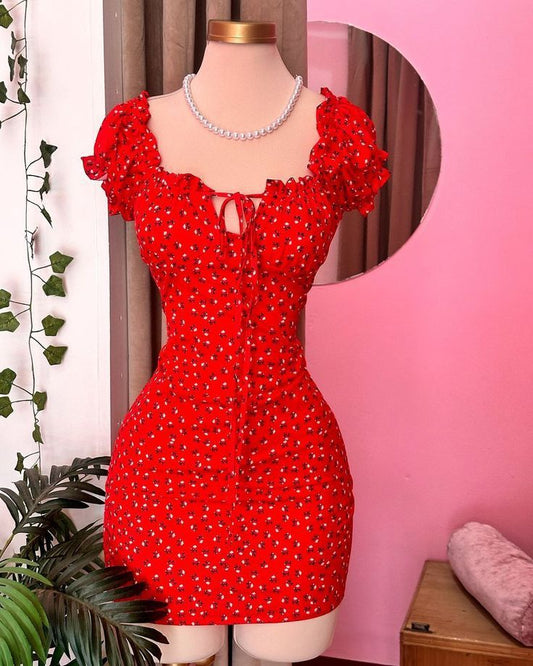 Red floral waist cute sexy mini skirt homecoming dress R3116