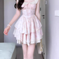 Pink floral dress beautiful niche waist puffy short skirt R0745