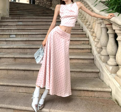 Pink polka dot suspender top two-piece set chic sweet and spicy skirt set R0822