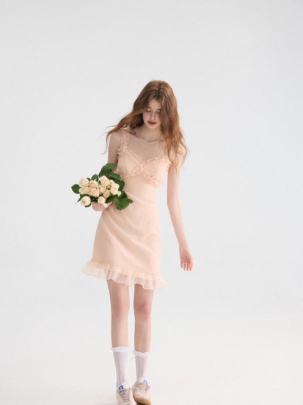 French dress holiday style suspender skirt ruffled pink short skirt R2761