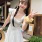 White square collar small flying sleeve waist dress women's summer French temperament A-line skirt R4746