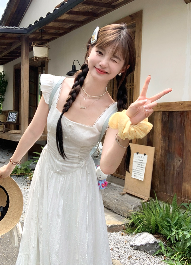 White square collar small flying sleeve waist dress women's summer French temperament A-line skirt R4746