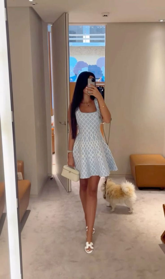 Blue design line waist A-line mini skirt homecoming dress R3581