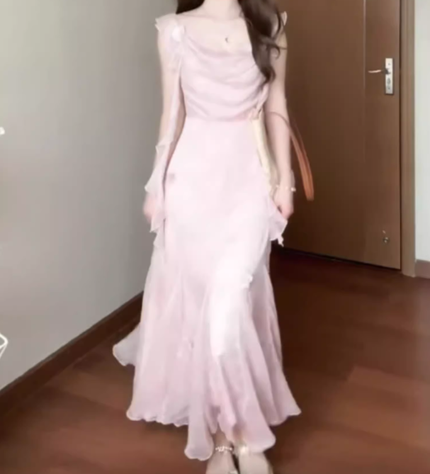 Pink small flying sleeve dress beautiful fairy dress medium length R0700