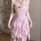 Ruffled purple flower suspender dress gentle temperament waist A-line beach dress R0792