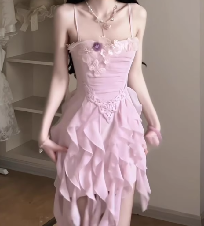 Ruffled purple flower suspender dress gentle temperament waist A-line beach dress R0792