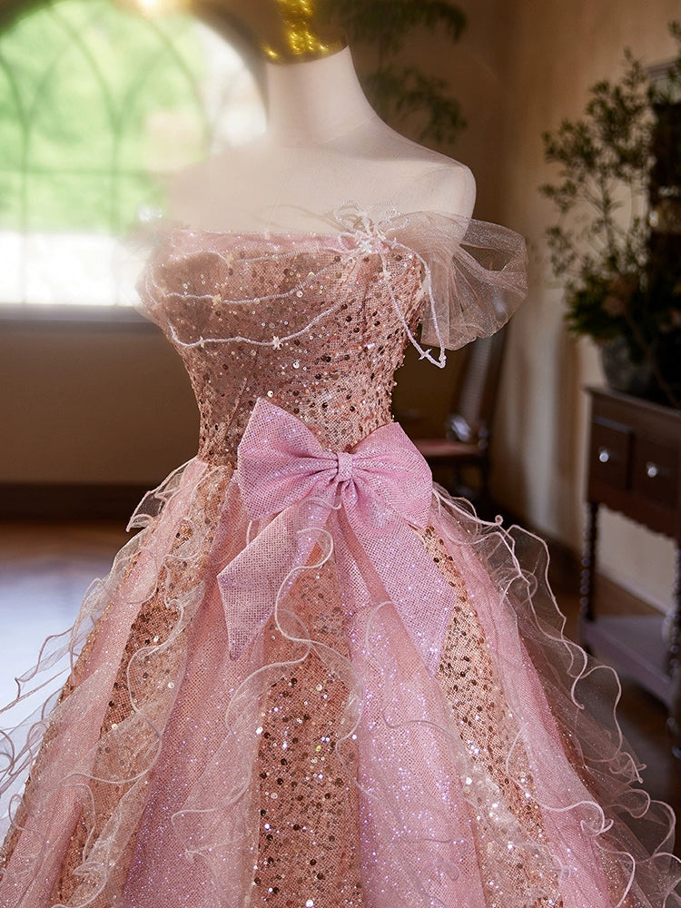 A Line Pink Elegant Evening Gowns Off Shoulder Long Prom Dress     S7209