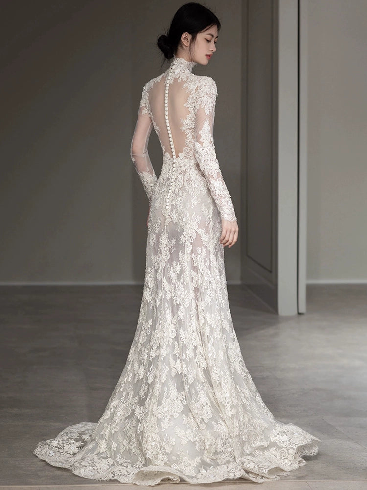 Long Sleeves Lace High Neck Wedding Dresses Long Bridal Gown      S7208