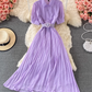 2025 Puff Sleeve Lapel Pleated Polka Dot Dress Waist Slimming Long Swing Dress Short Sleeve R0382