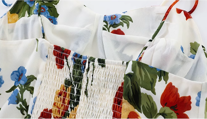 French holiday style long white 2025 new sling print slim dress R2648